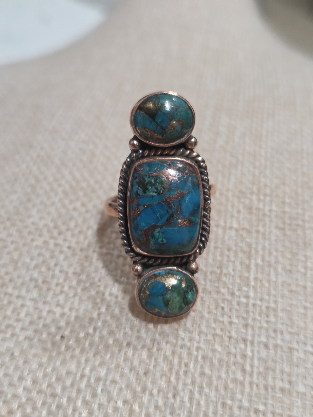 Turquoise Inlay Copper Statement Ring - Blue Green - Picture 3 of 6